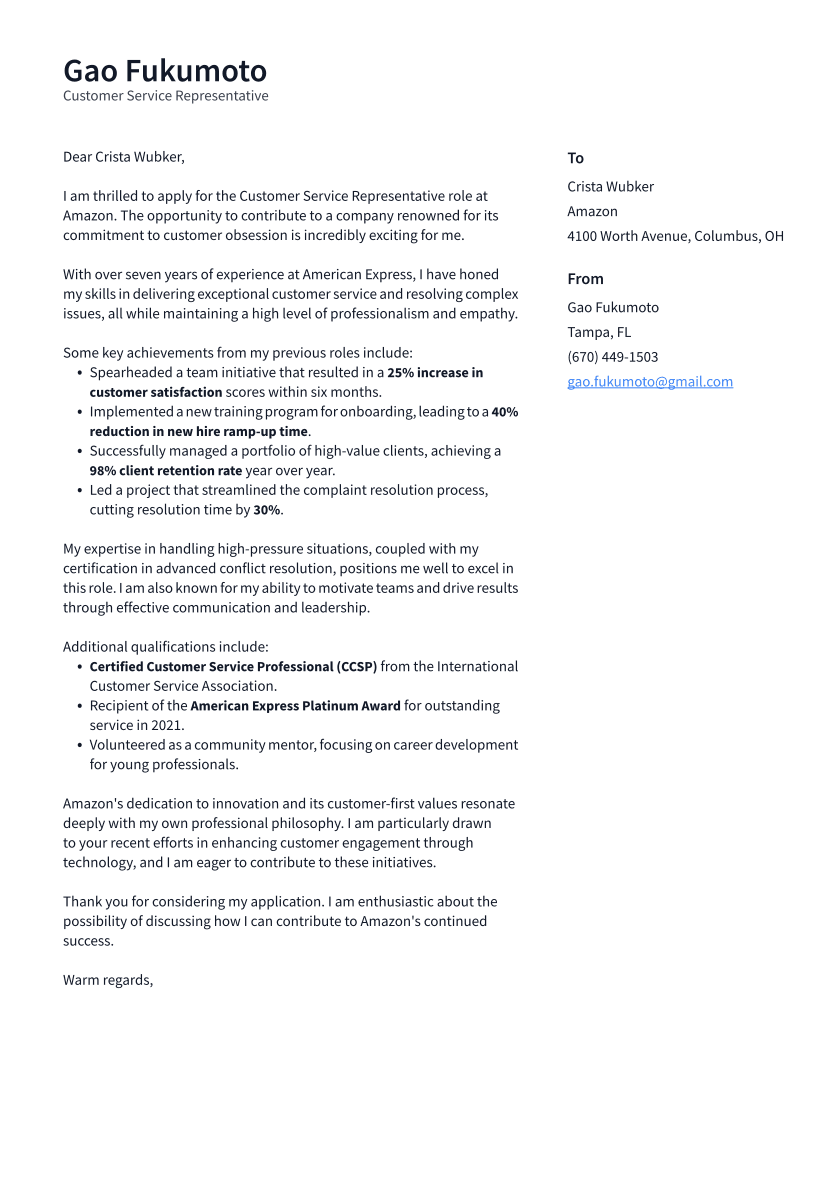 Customer Service Representative Cover Letter Example