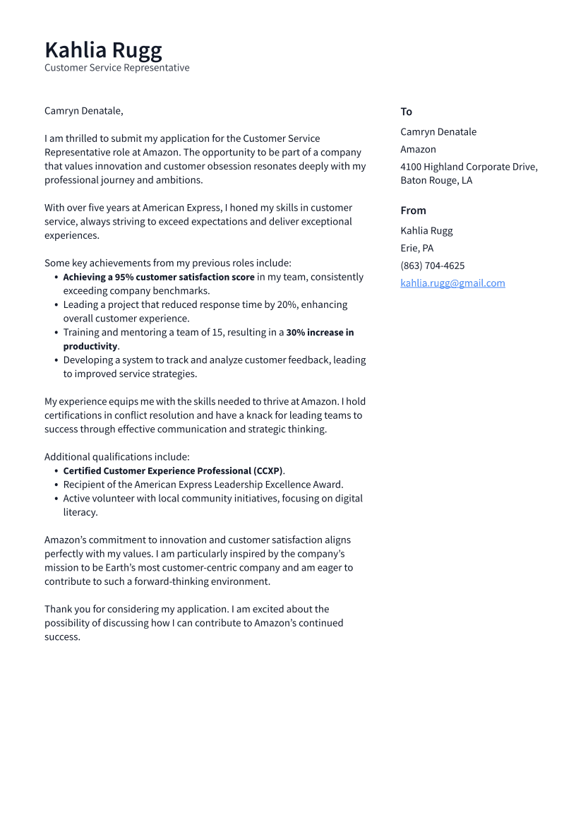 Customer Service Representative Cover Letter Example