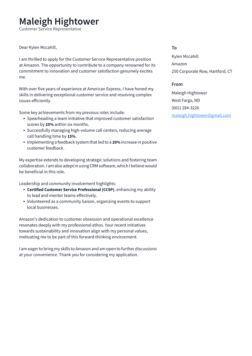 Customer Service Representative Cover Letter Example