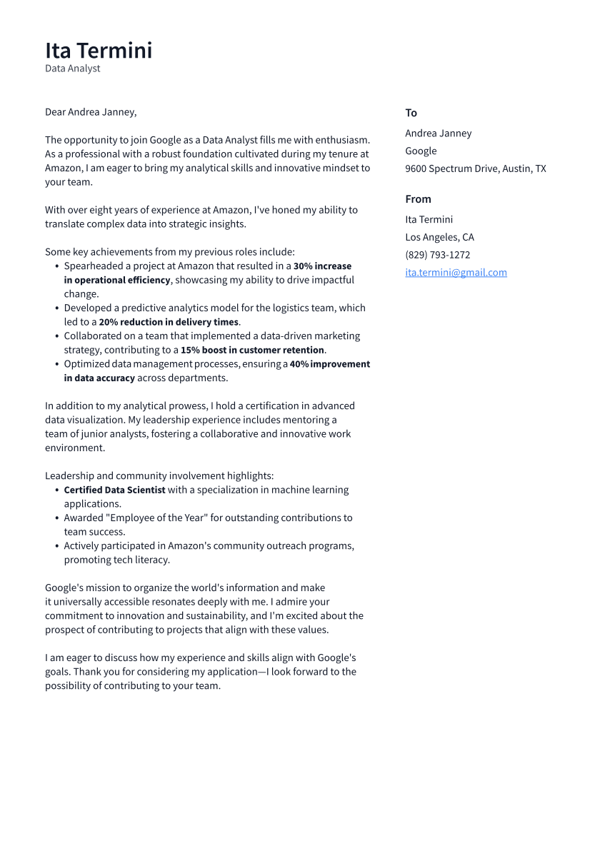 Data Analyst Cover Letter Example