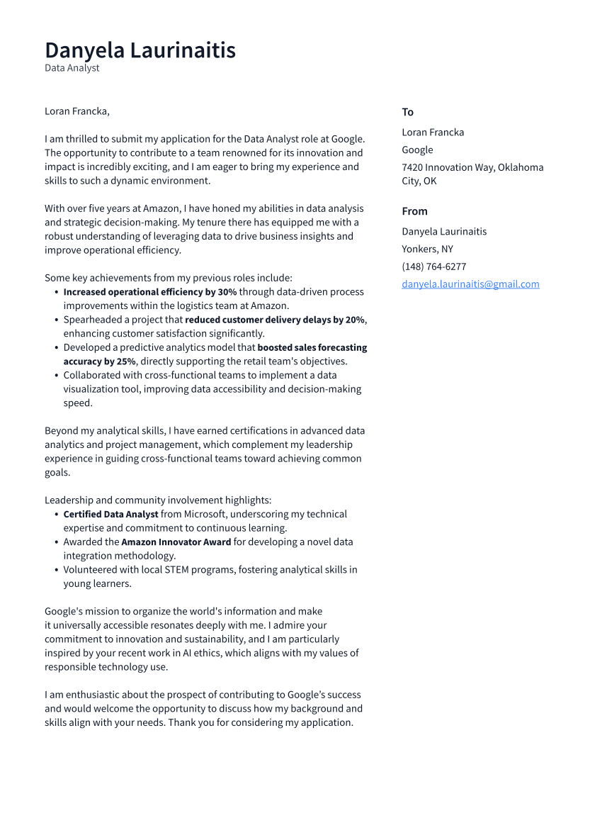 Data Analyst Cover Letter Example