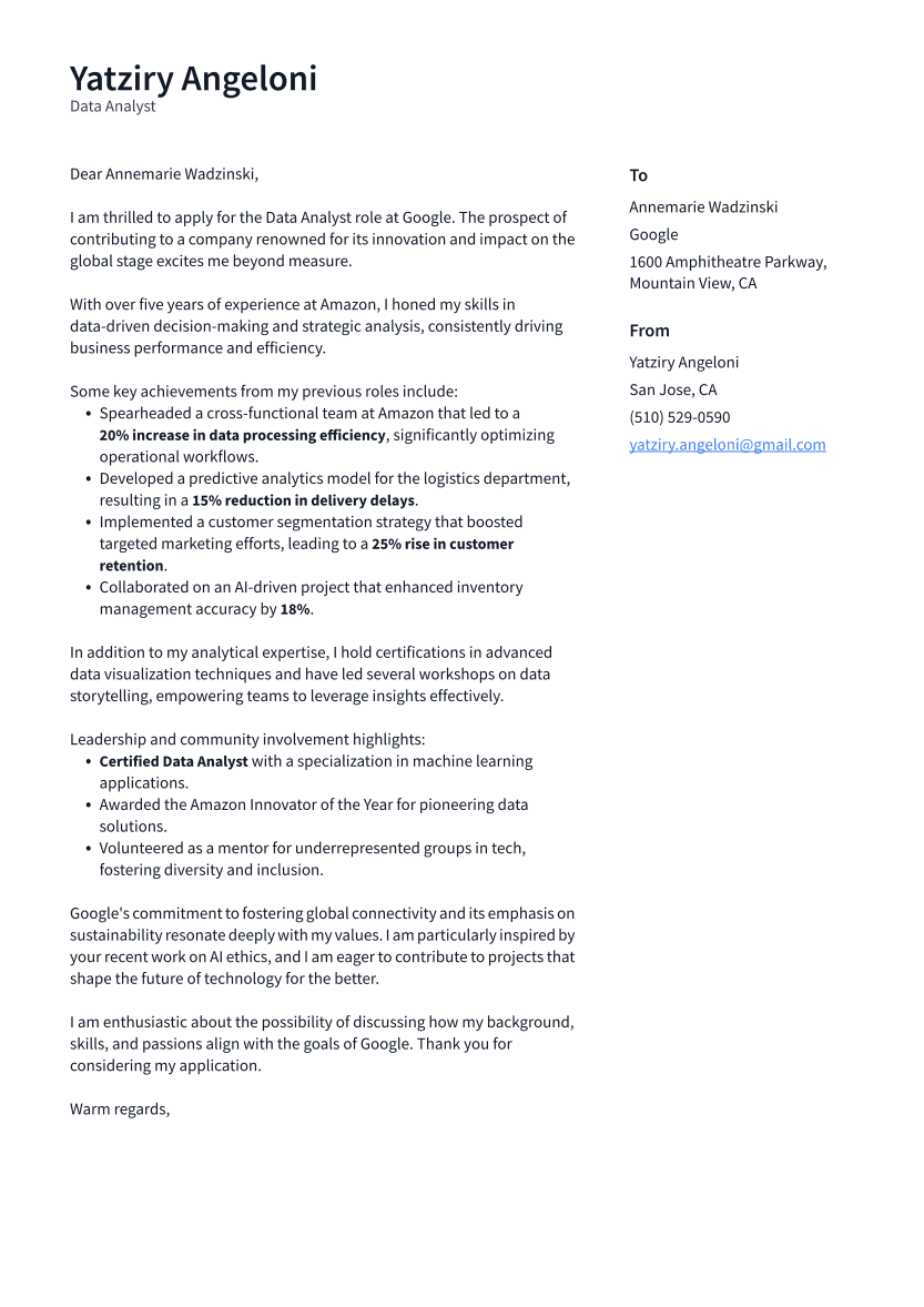 Data Analyst Cover Letter Example