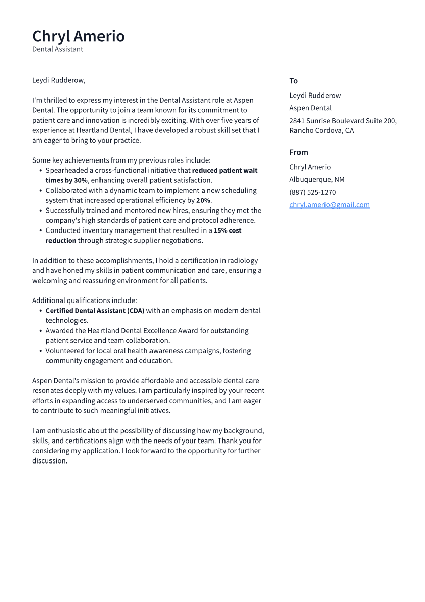 Dental Assistant Cover Letter Example