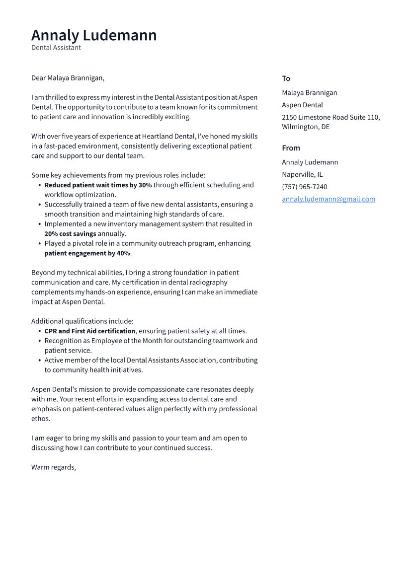Dental Assistant Cover Letter Example