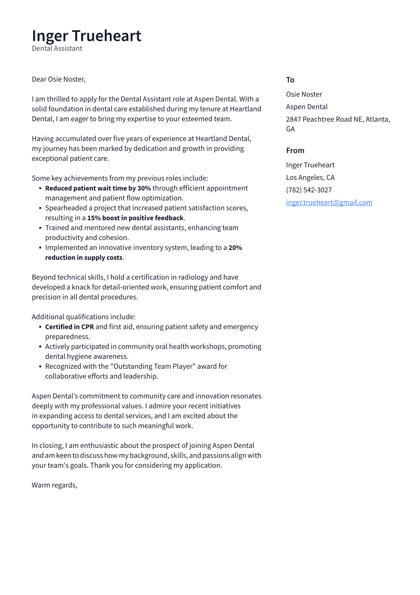 Dental Assistant Cover Letter Example