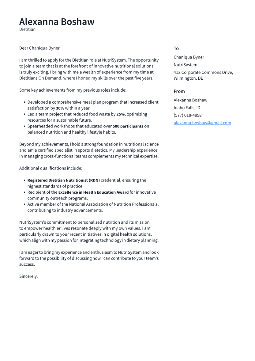 Dietitian Cover Letter Example