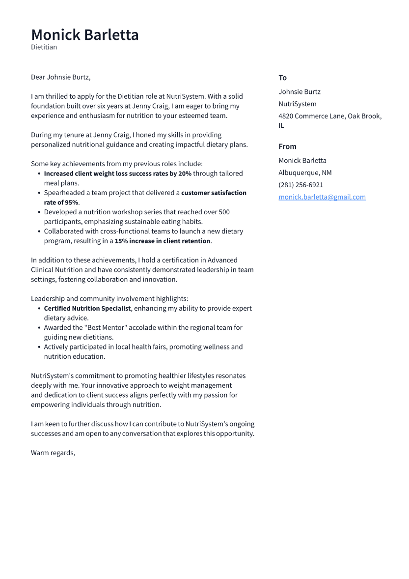 Dietitian Cover Letter Example