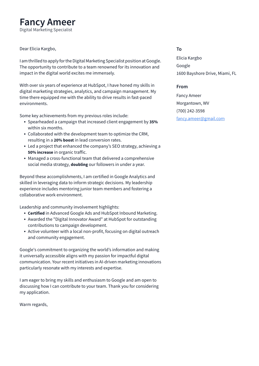 Digital Marketing Specialist Cover Letter Example