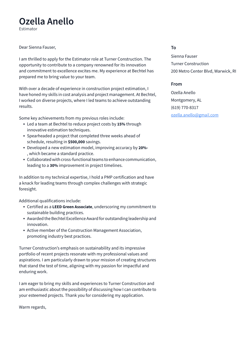 Estimator Cover Letter Example