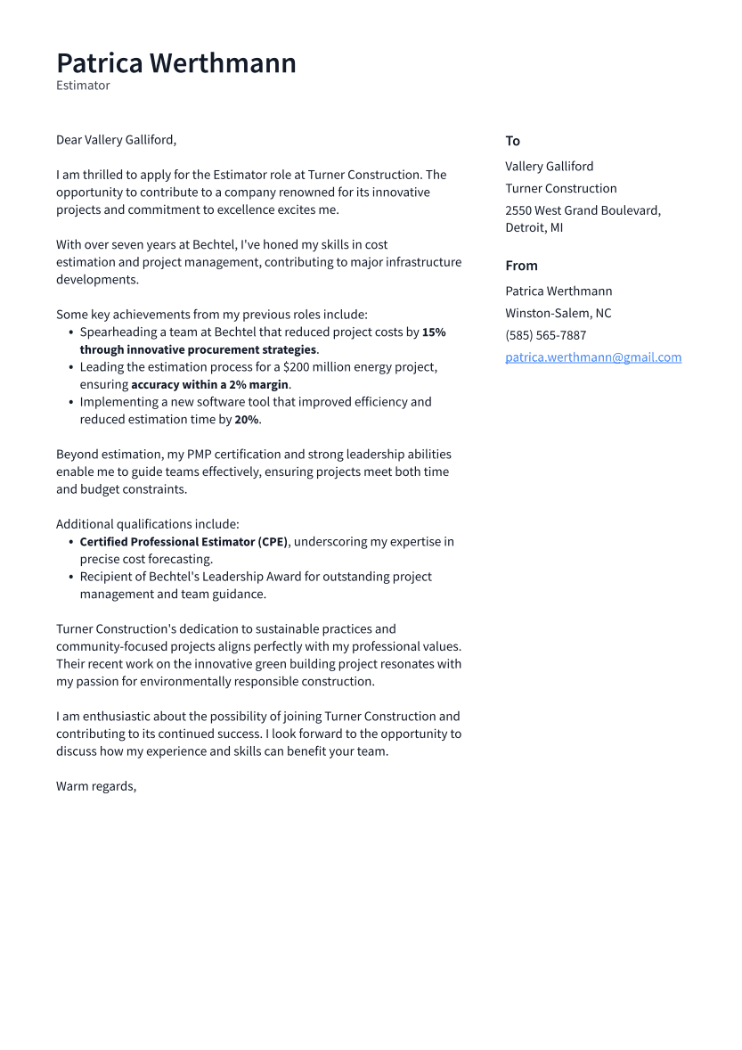 Estimator Cover Letter Example
