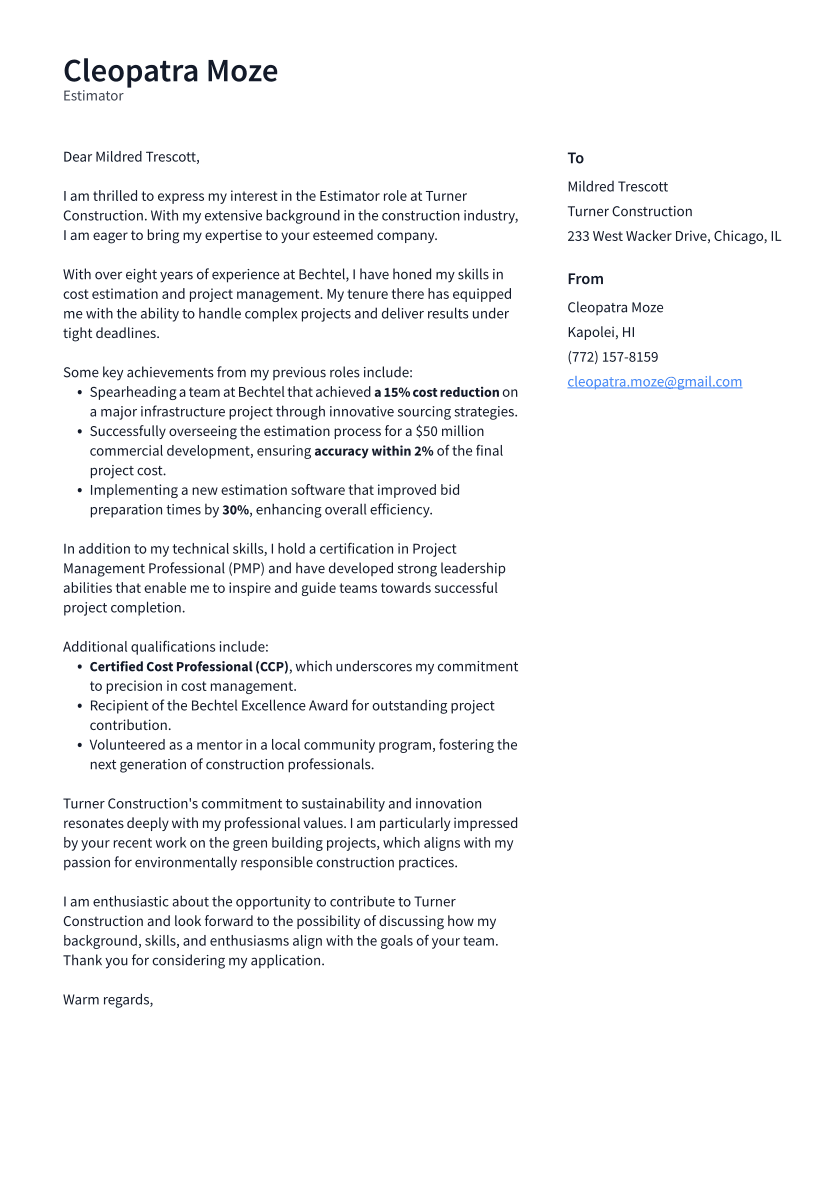 Estimator Cover Letter Example