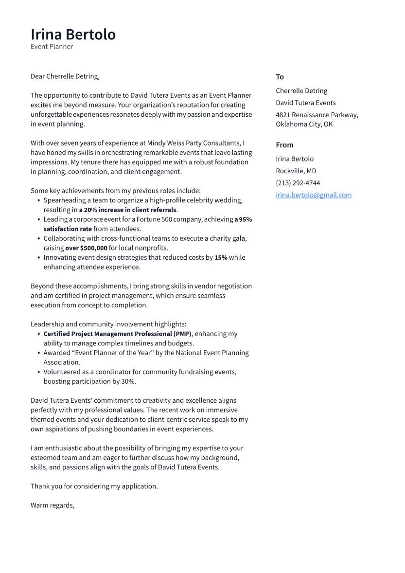 Event Planner Cover Letter Example