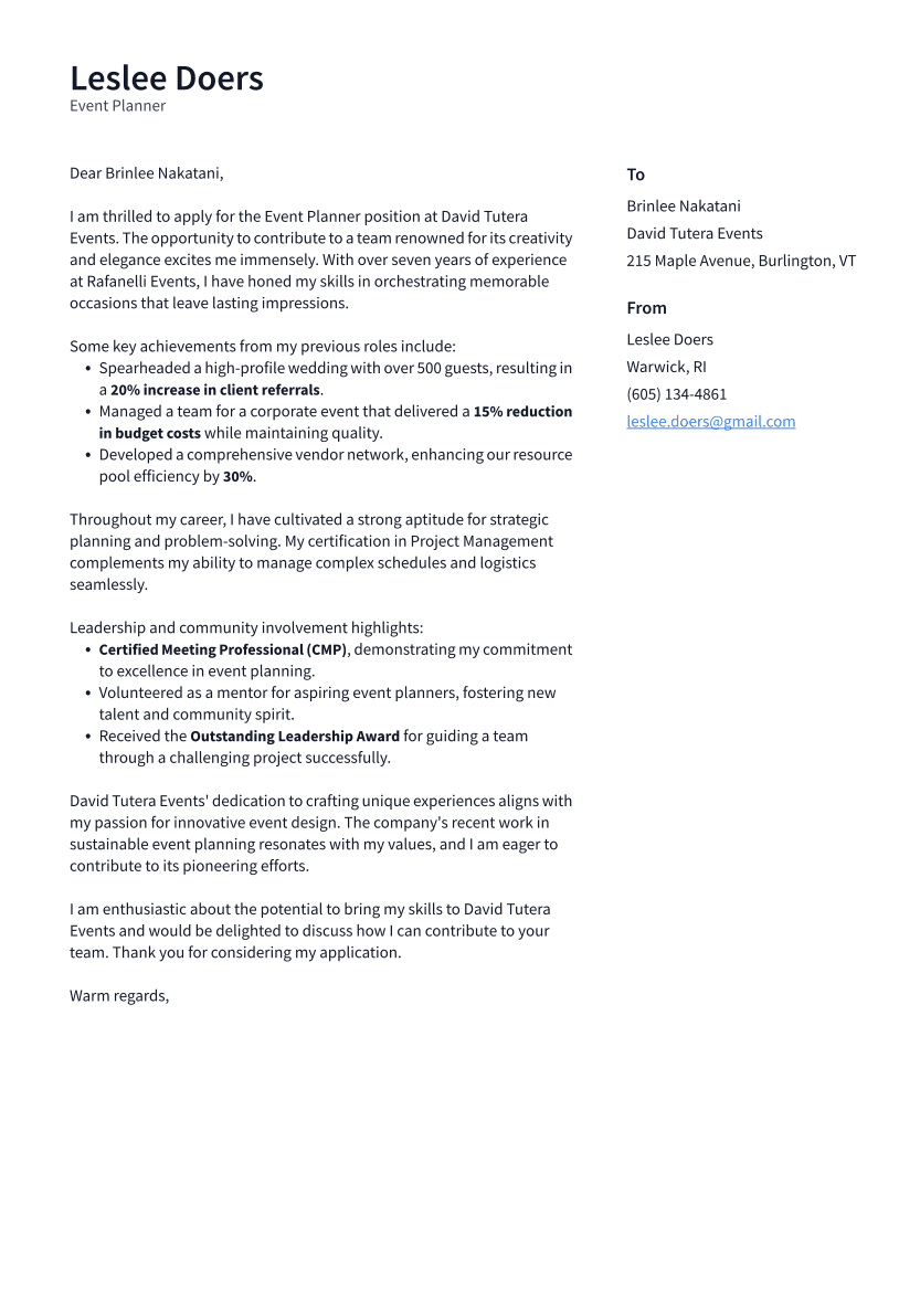 Event Planner Cover Letter Example