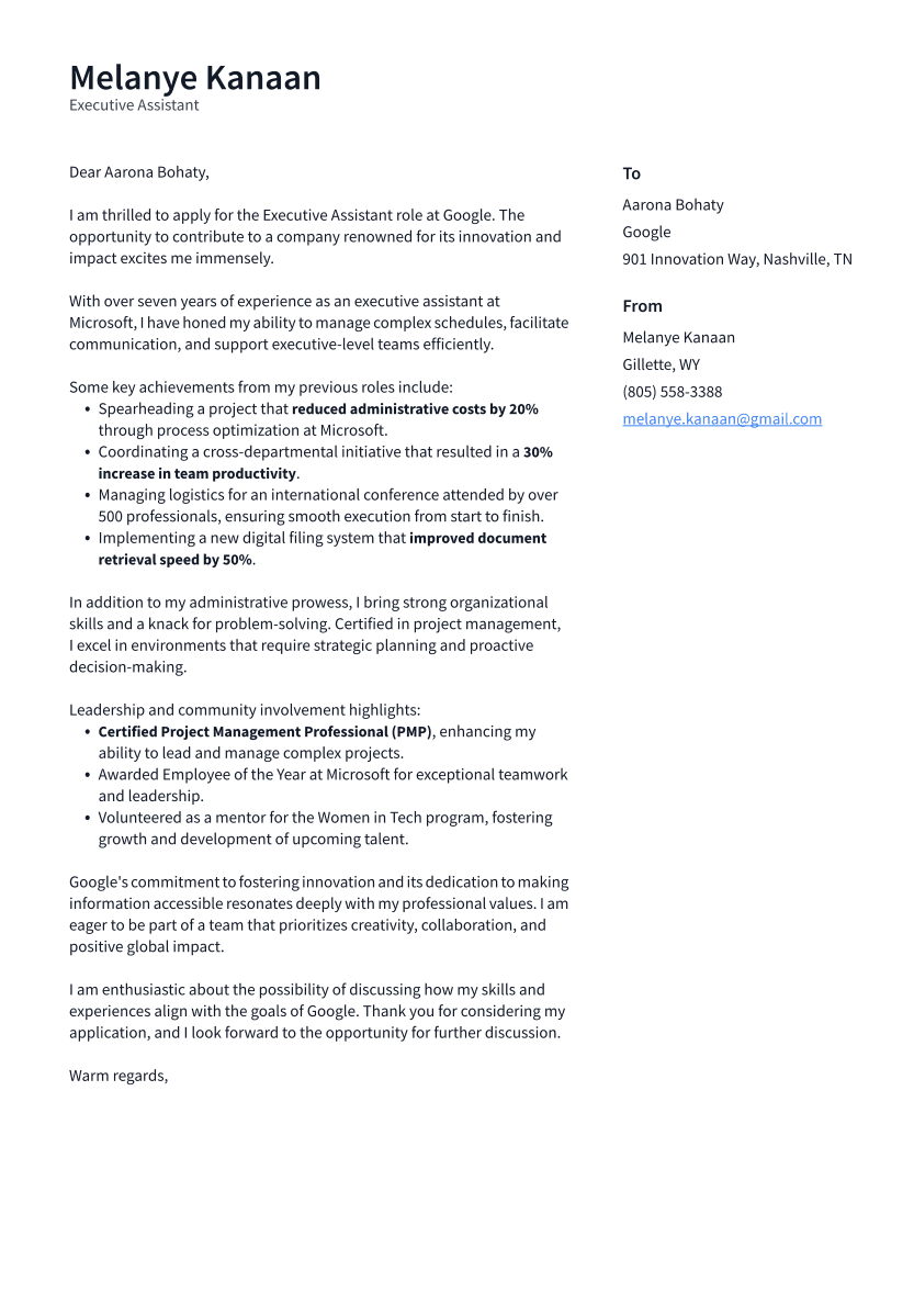Executive Assistant Cover Letter Example