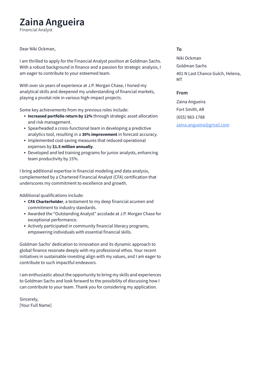 Financial Analyst Cover Letter Example
