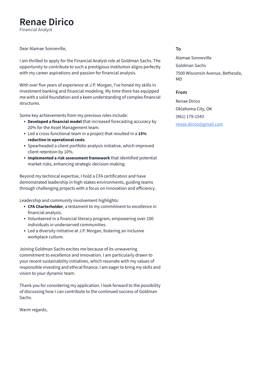 Financial Analyst Cover Letter Example