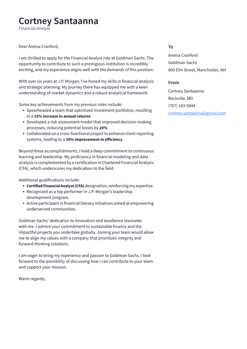 Financial Analyst Cover Letter Example