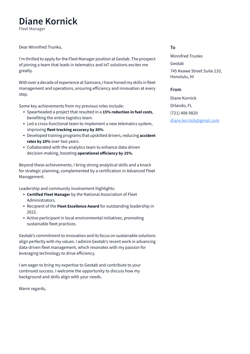 Fleet Manager Cover Letter Example