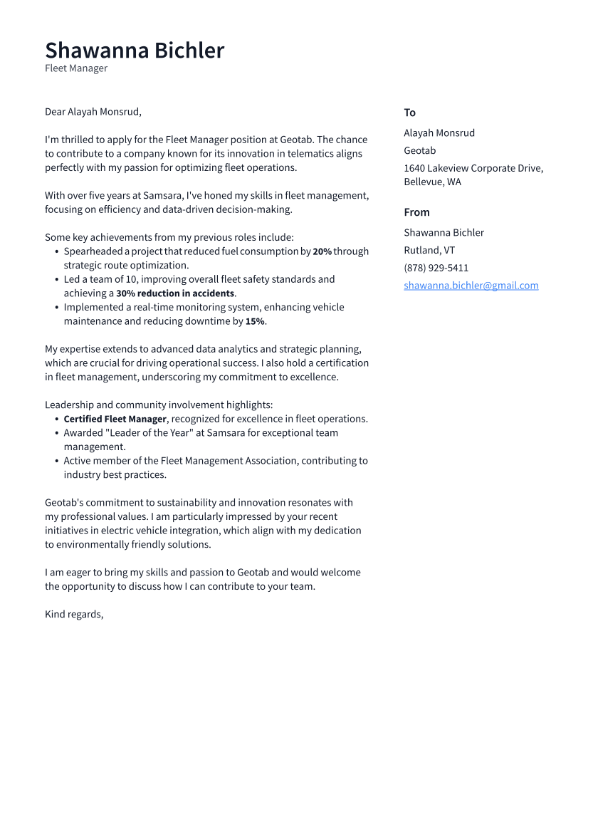 Fleet Manager Cover Letter Example