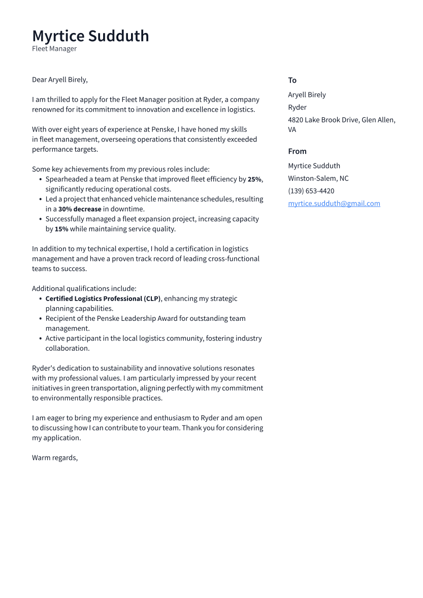 Fleet Manager Cover Letter Example
