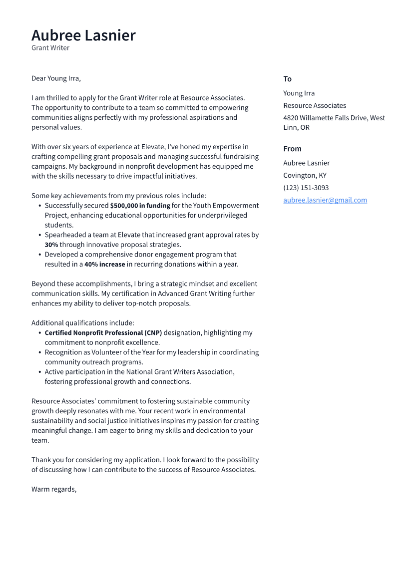 Grant Writer Cover Letter Example