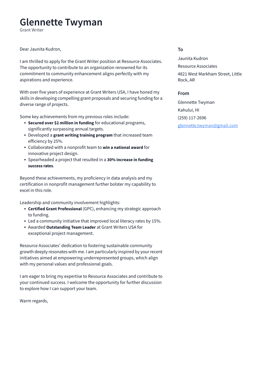 Grant Writer Cover Letter Example