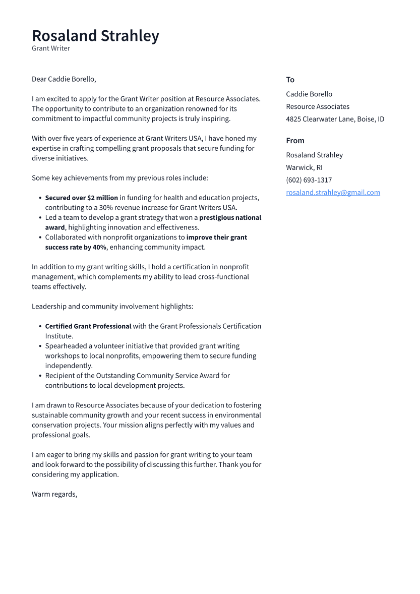 Grant Writer Cover Letter Example
