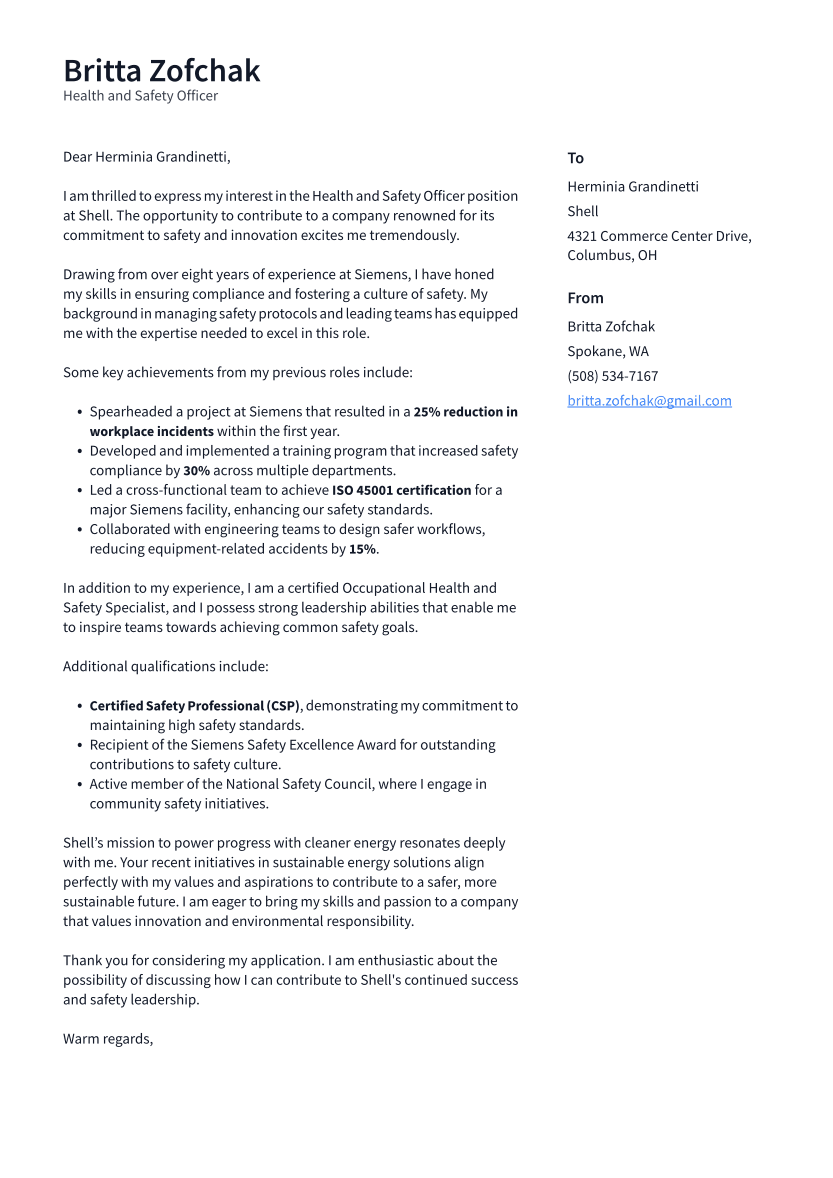 Health and Safety Officer Cover Letter Example