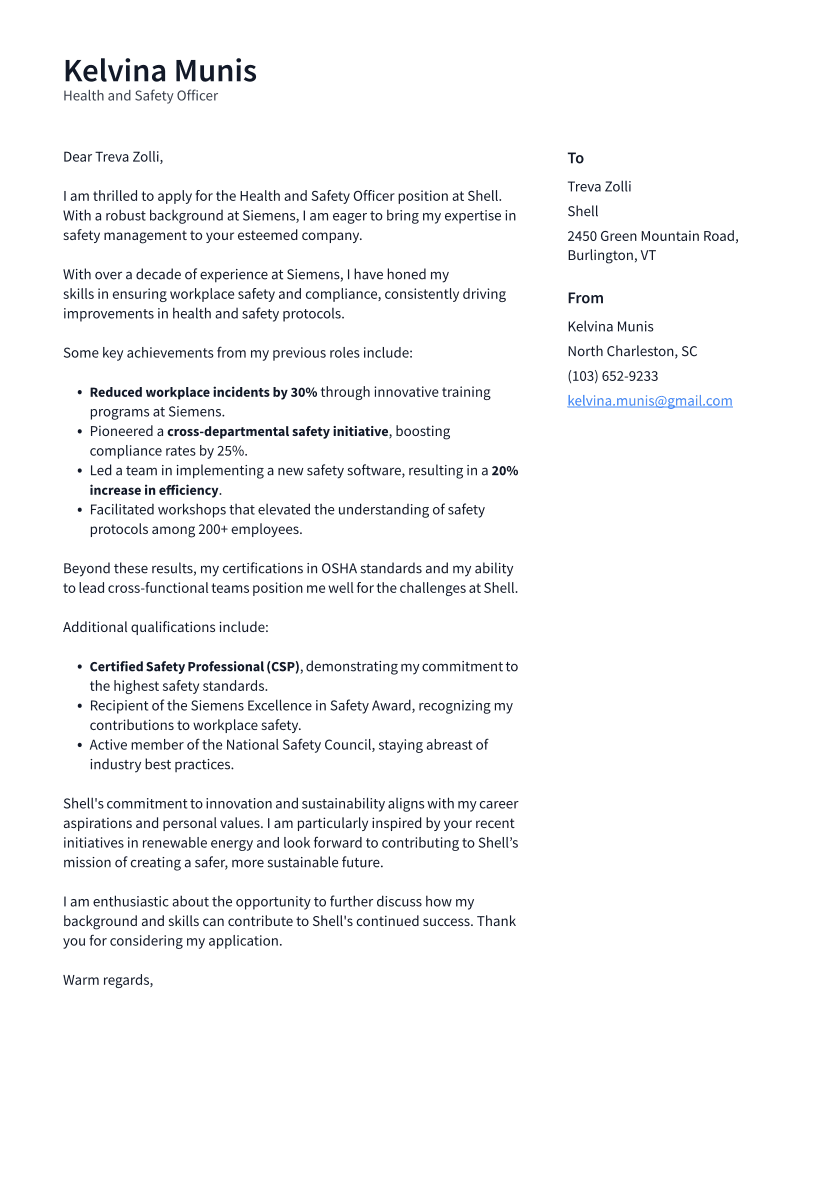 Health and Safety Officer Cover Letter Example