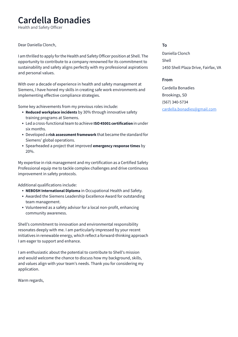 Health and Safety Officer Cover Letter Example