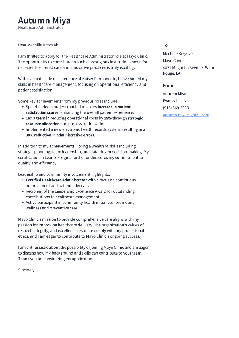 Healthcare Administrator Cover Letter Example