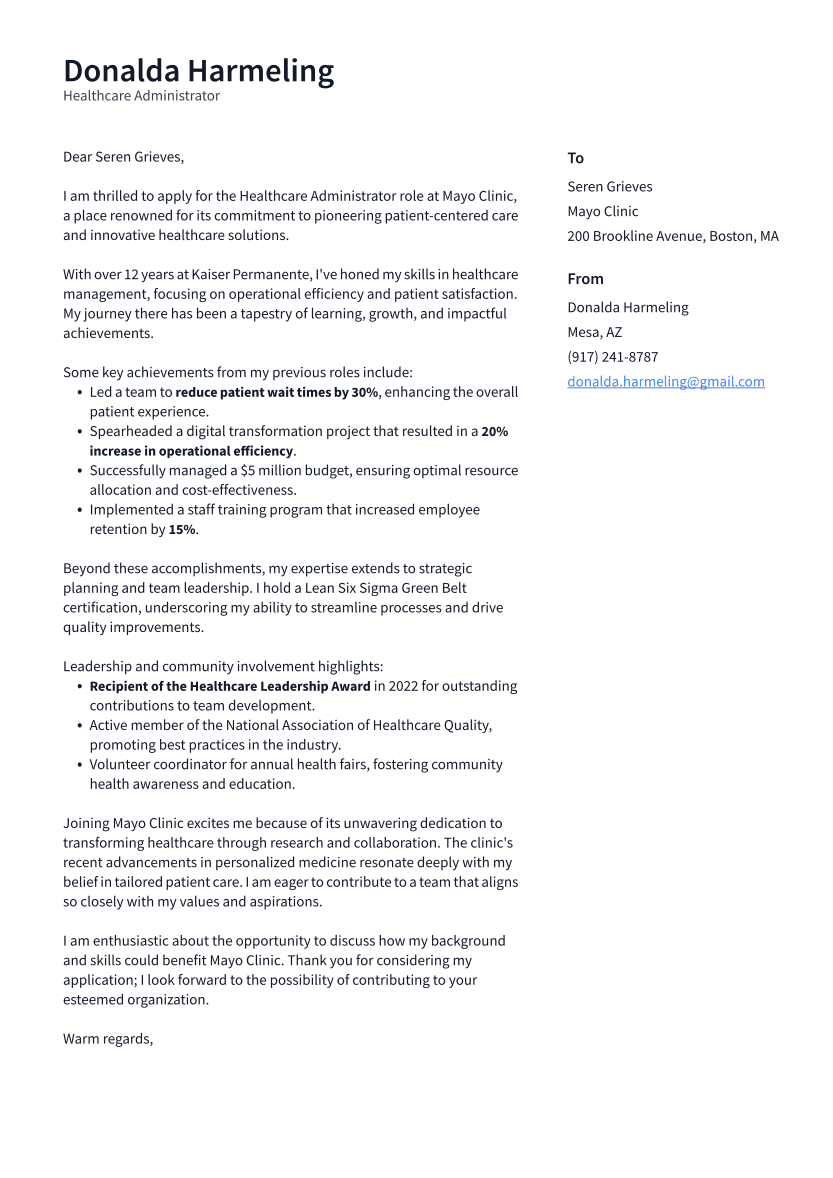 Healthcare Administrator Cover Letter Example