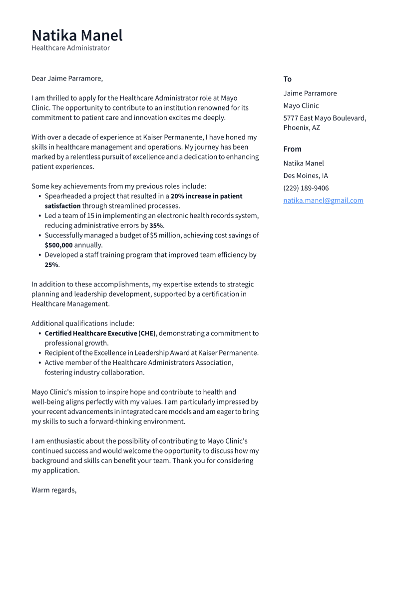 Healthcare Administrator Cover Letter Example