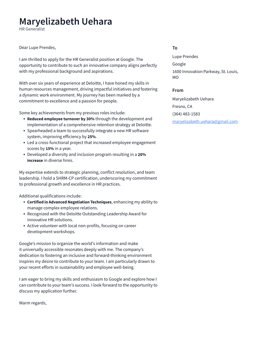 HR Generalist Cover Letter Example