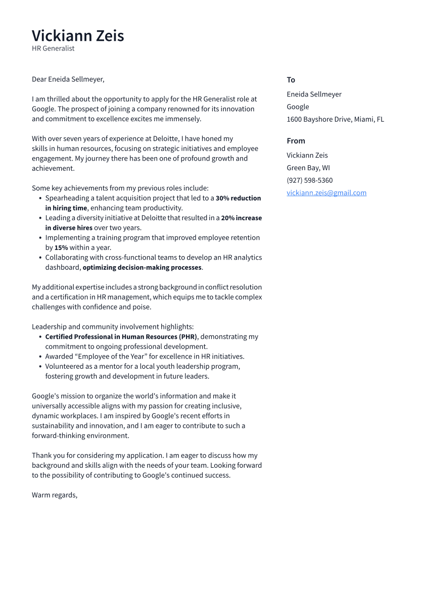 HR Generalist Cover Letter Example