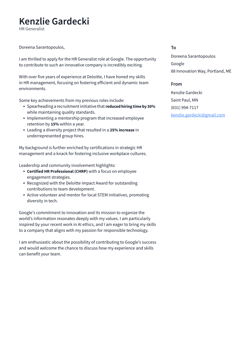 HR Generalist Cover Letter Example