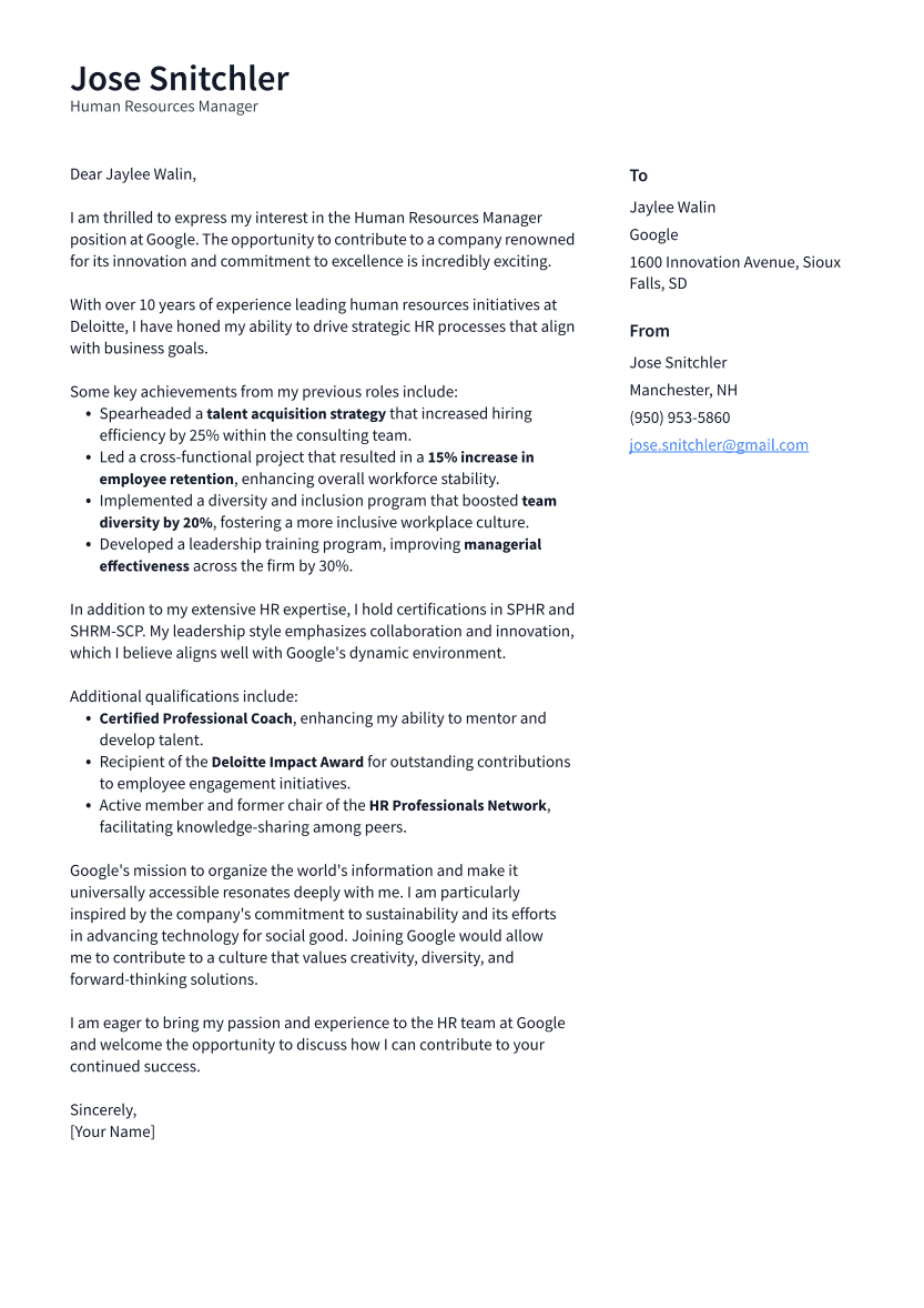 Human Resources Manager Cover Letter Example