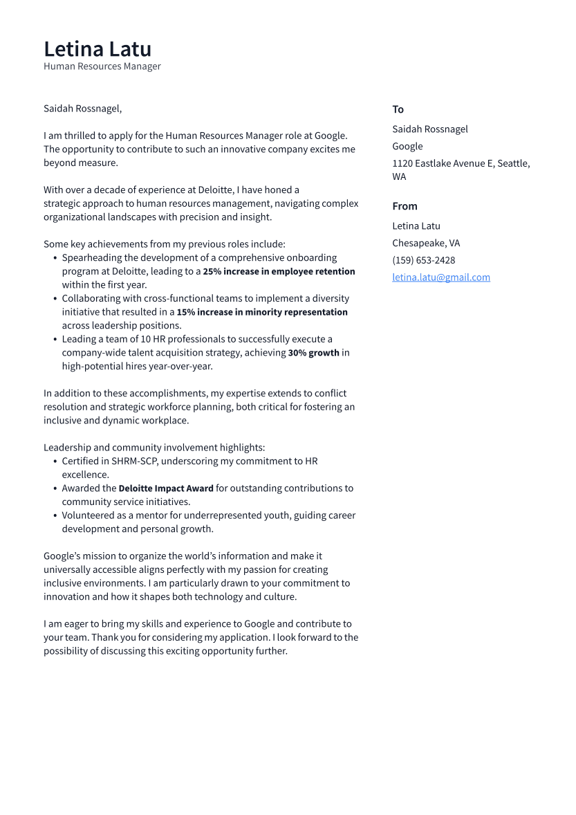 Human Resources Manager Cover Letter Example