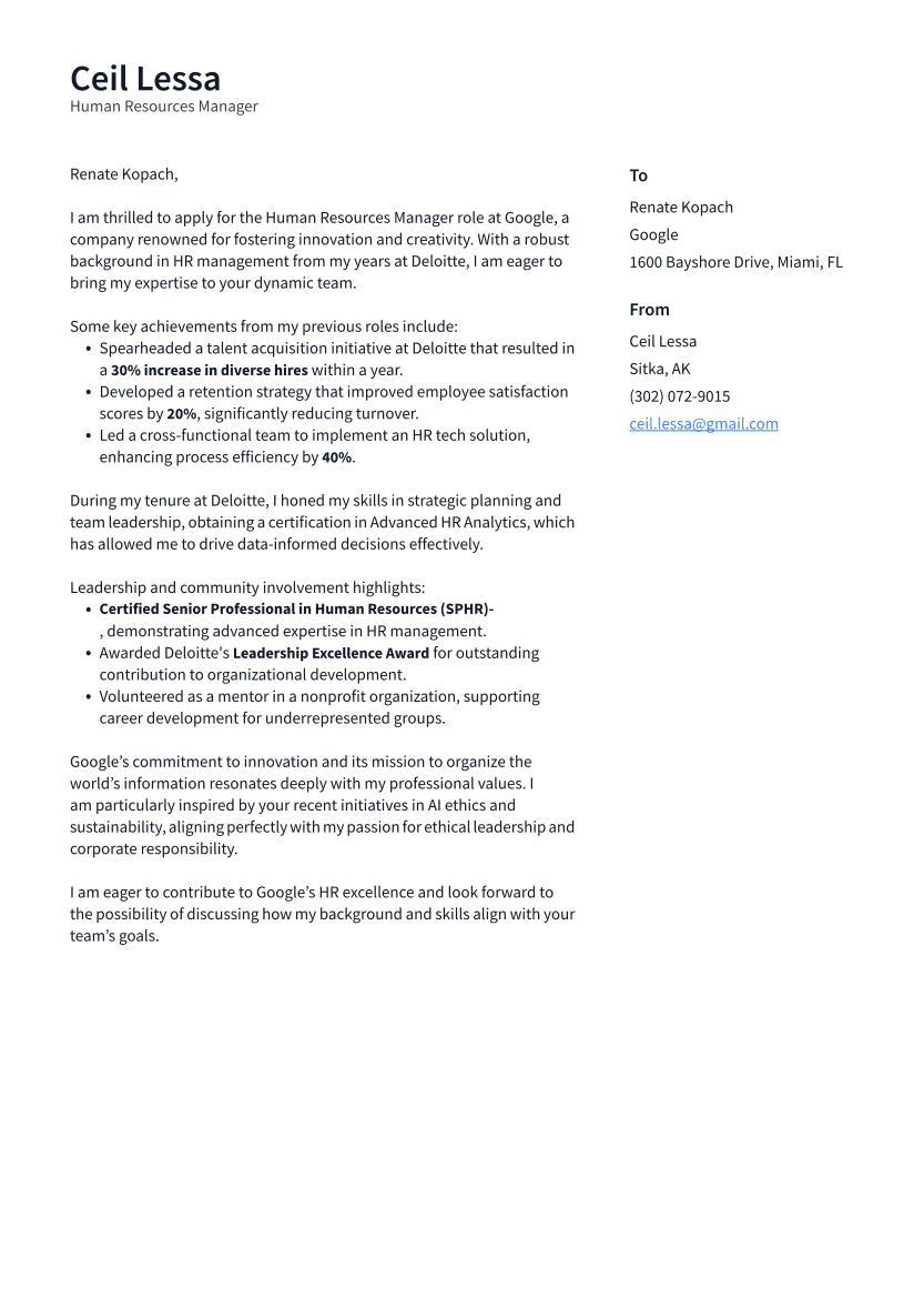 Human Resources Manager Cover Letter Example