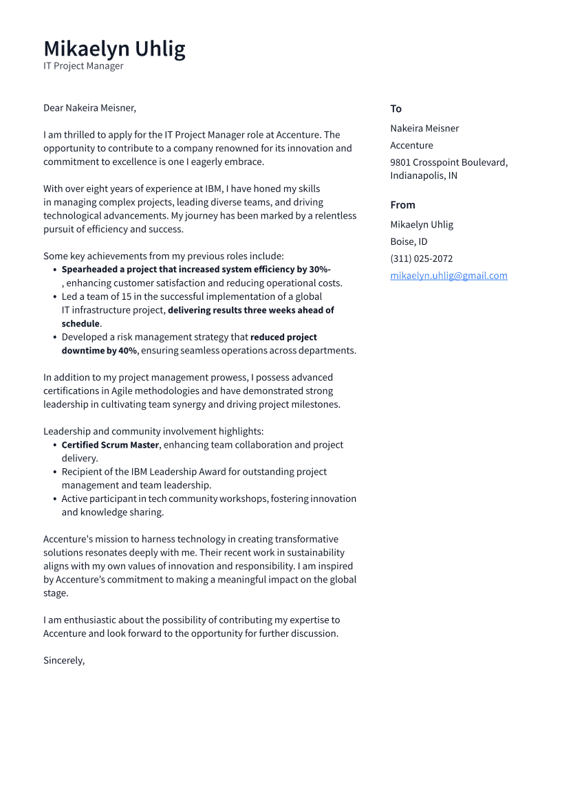 IT Project Manager Cover Letter Example