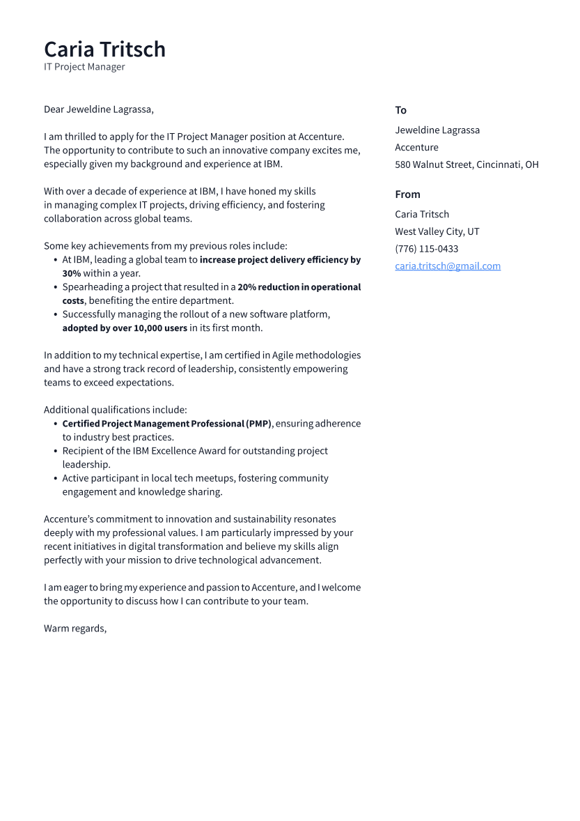 IT Project Manager Cover Letter Example