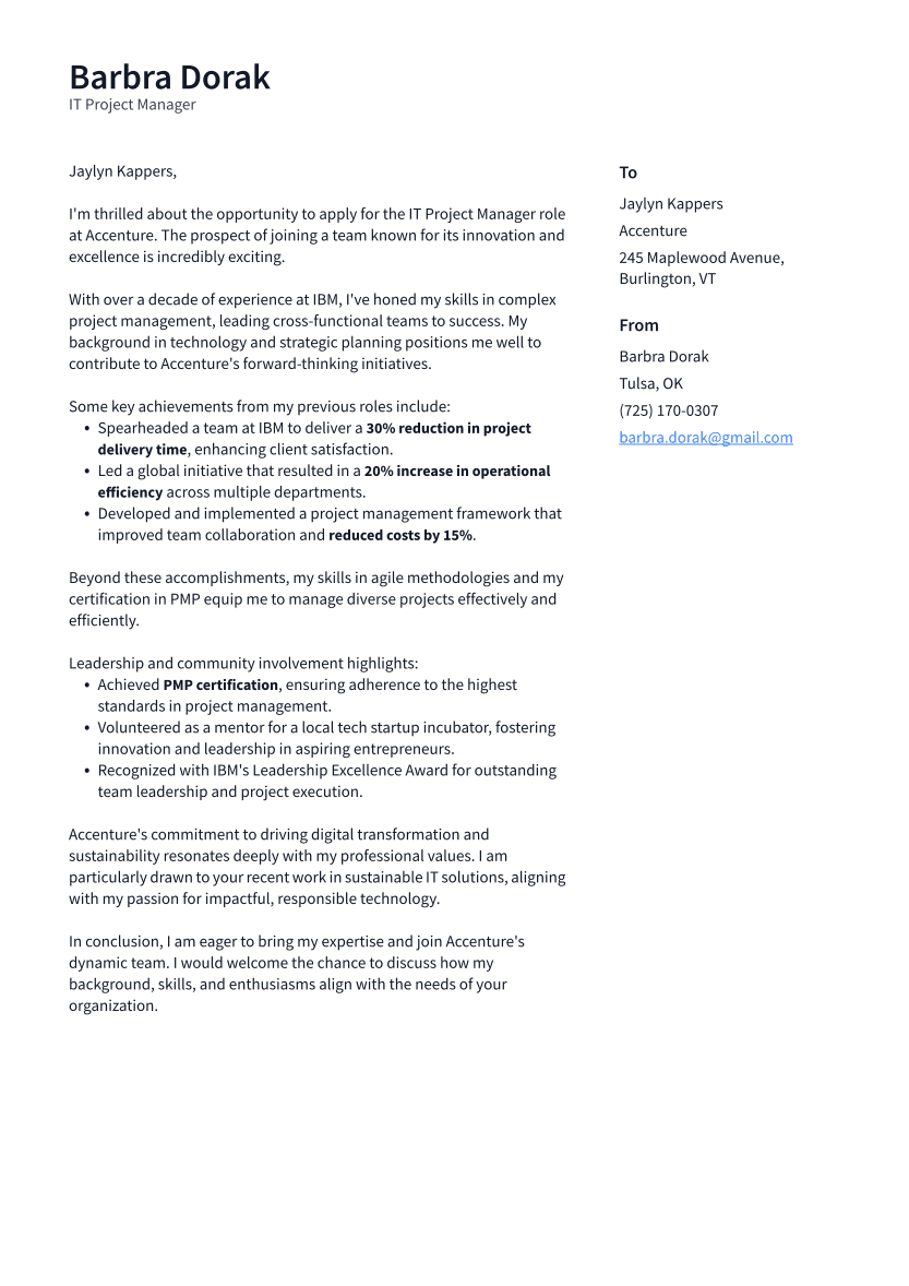 IT Project Manager Cover Letter Example