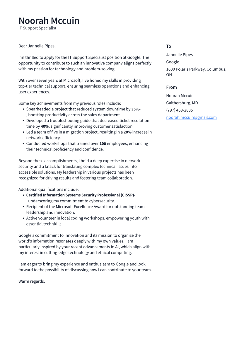 IT Support Specialist Cover Letter Example