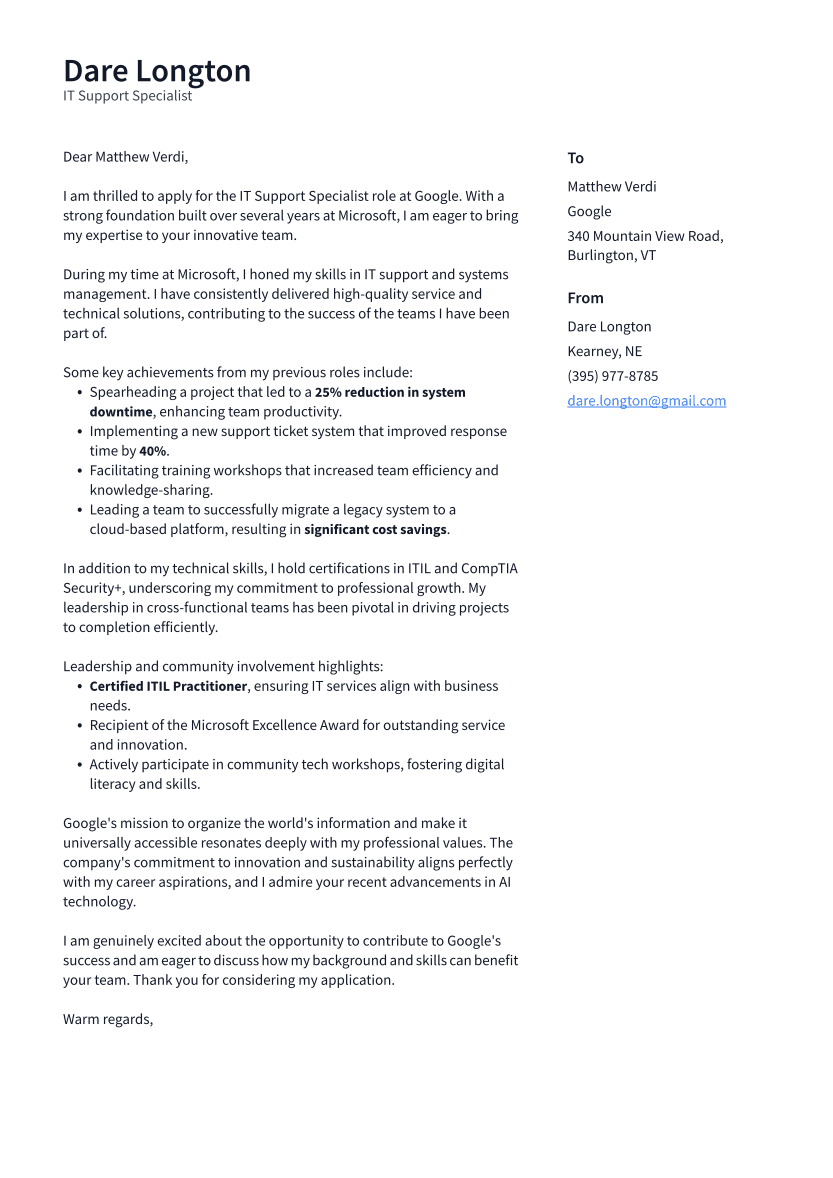 IT Support Specialist Cover Letter Example