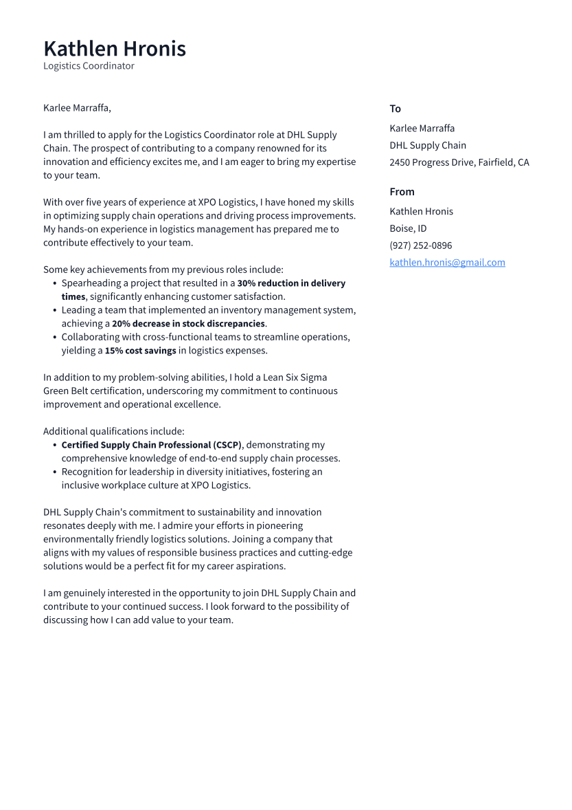 Logistics Coordinator Cover Letter Example