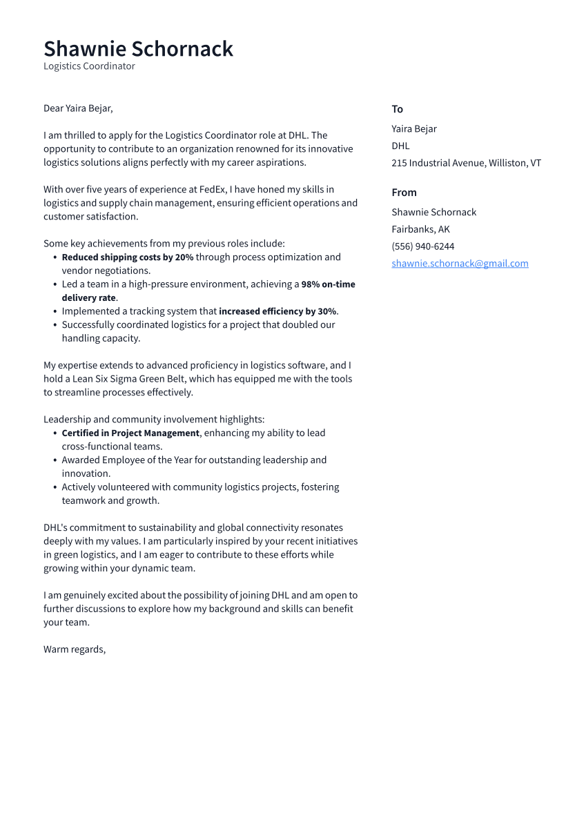 Logistics Coordinator Cover Letter Example