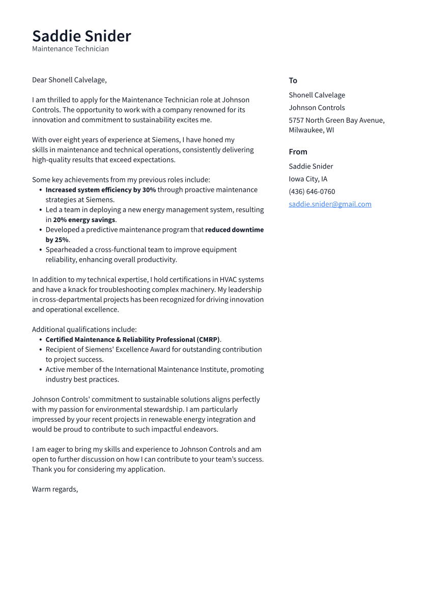 Maintenance Technician Cover Letter Example