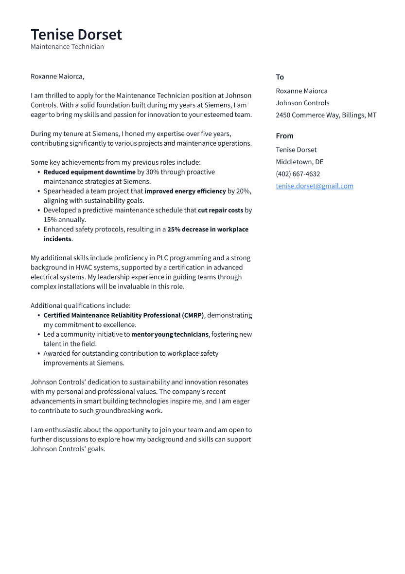 Maintenance Technician Cover Letter Example