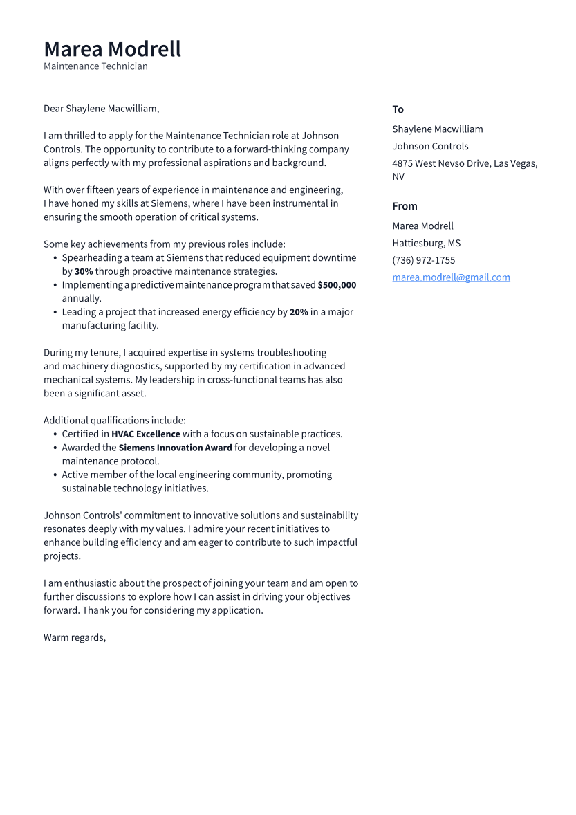 Maintenance Technician Cover Letter Example