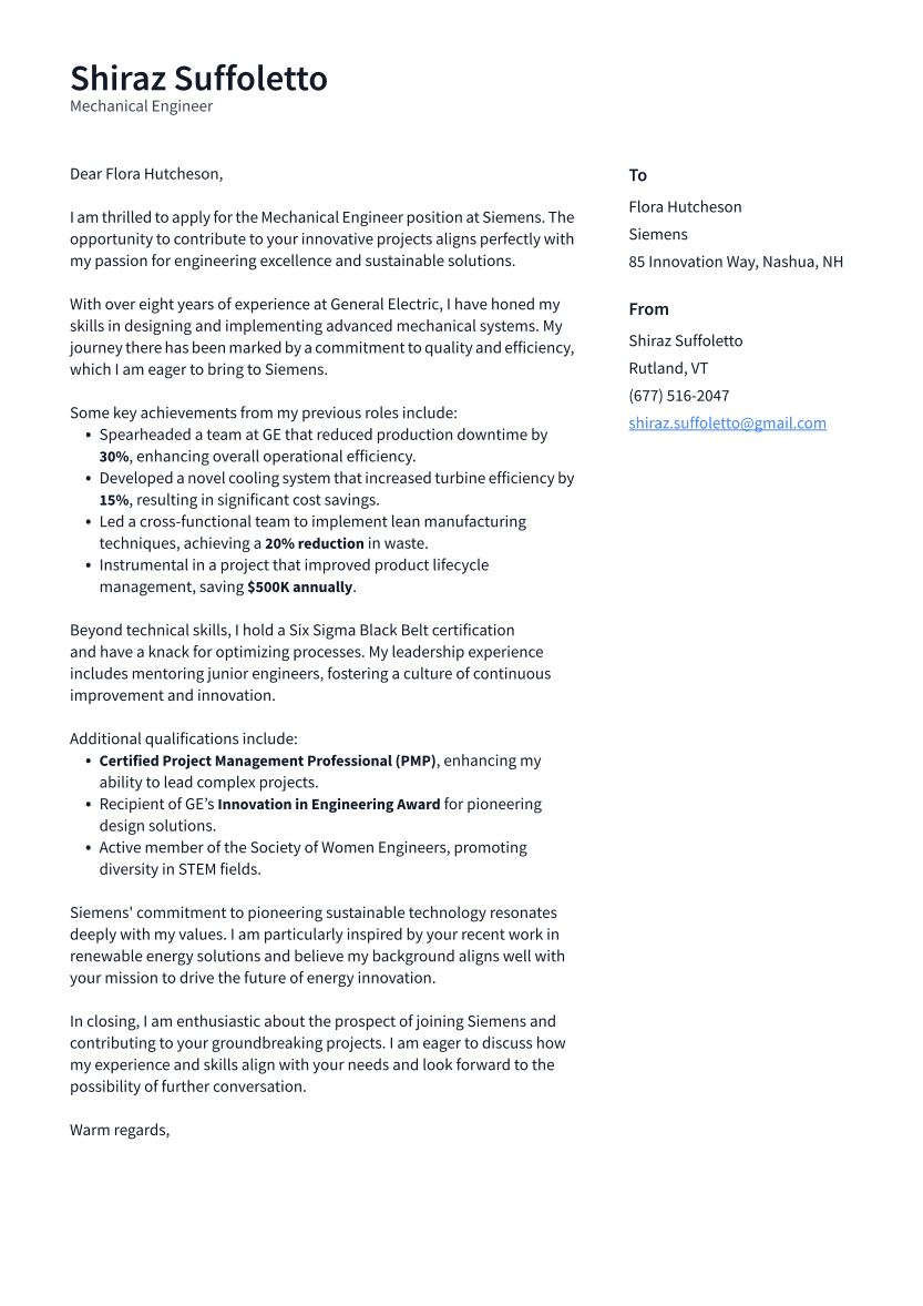 Mechanical Engineer Cover Letter Example